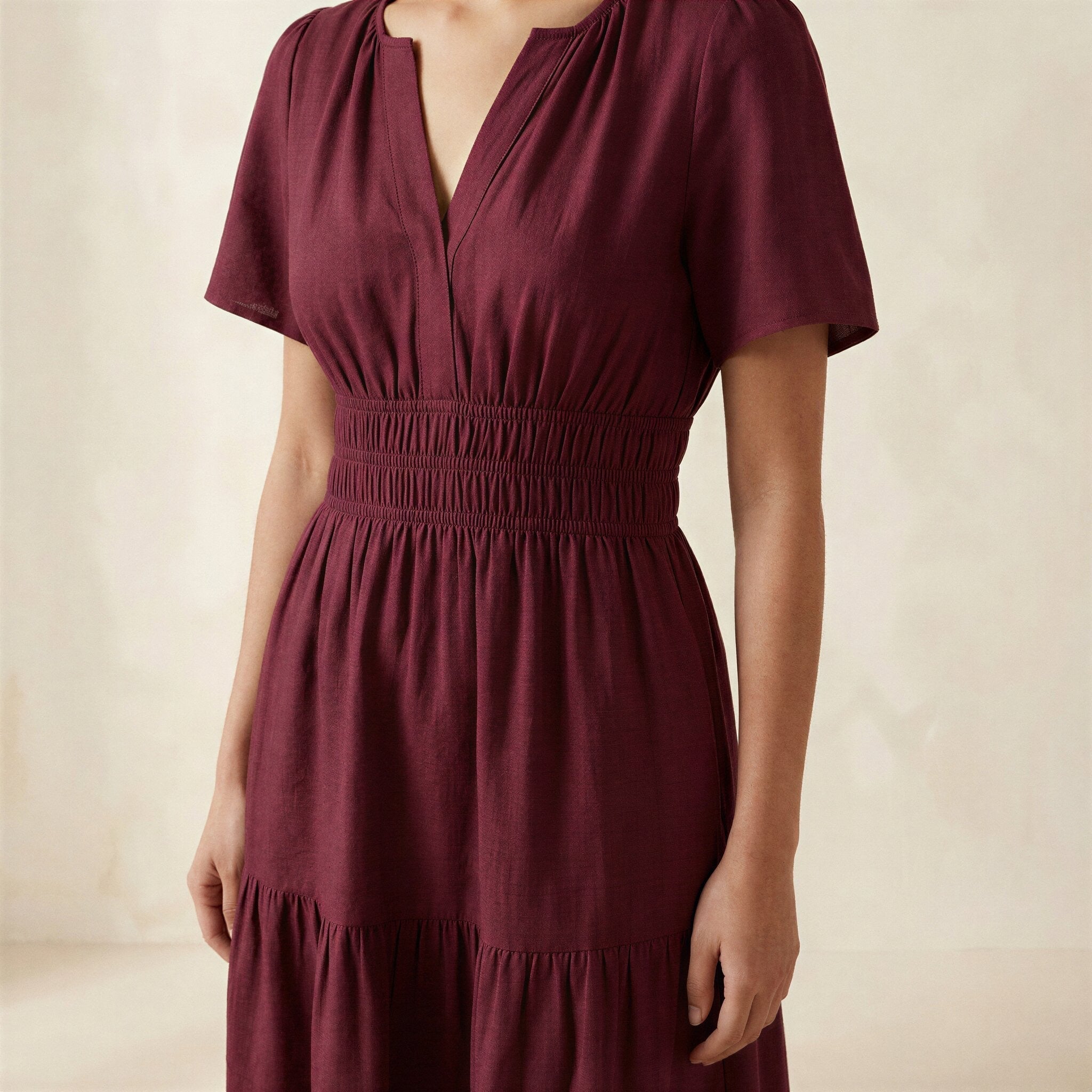 Maroon Handspun Cotton Flutter Sleeve Tie-Back Tiered Midi Dress