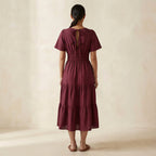 Maroon Handspun Cotton Flutter Sleeve Tie-Back Tiered Midi Dress