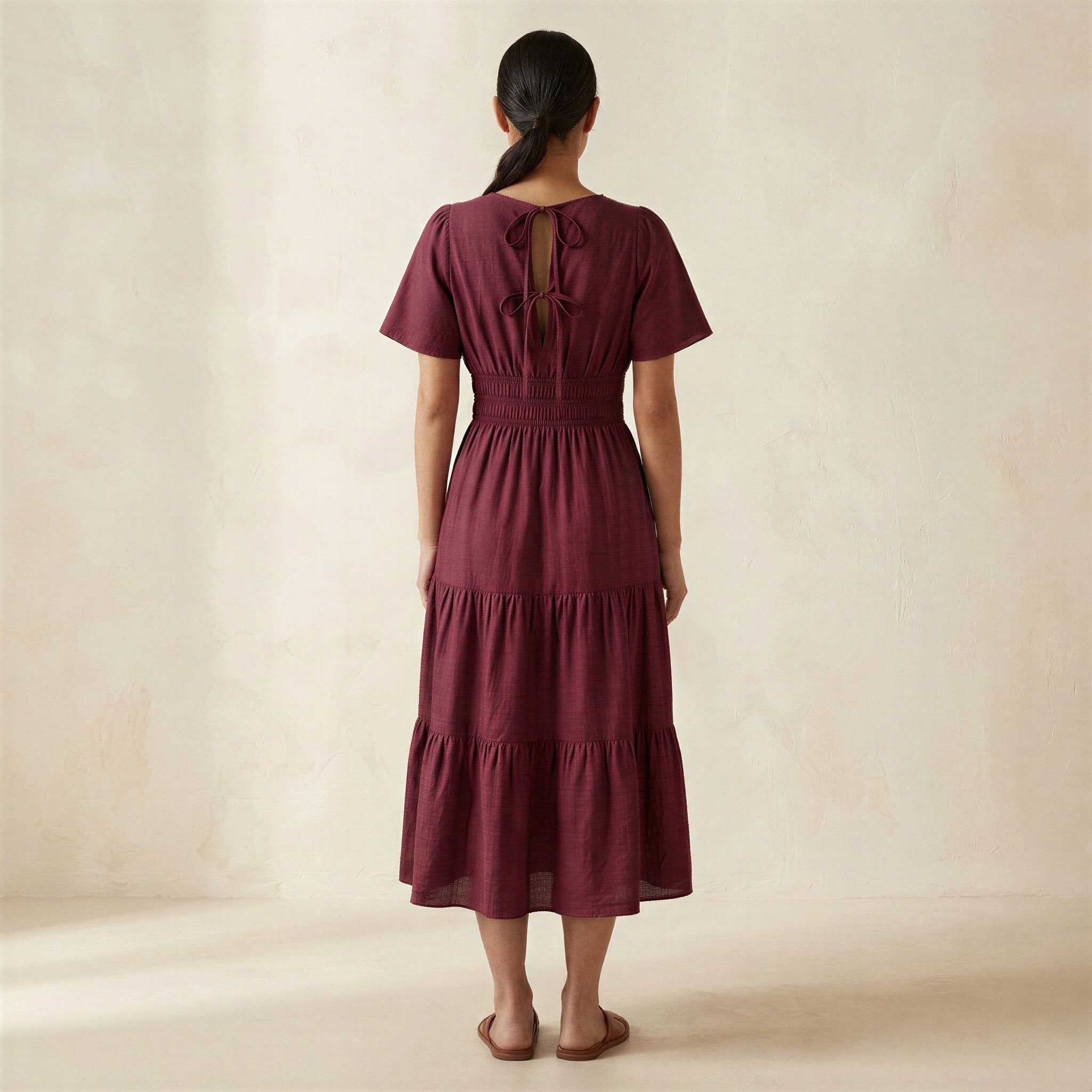 Maroon Handspun Cotton Flutter Sleeve Tie-Back Tiered Midi Dress