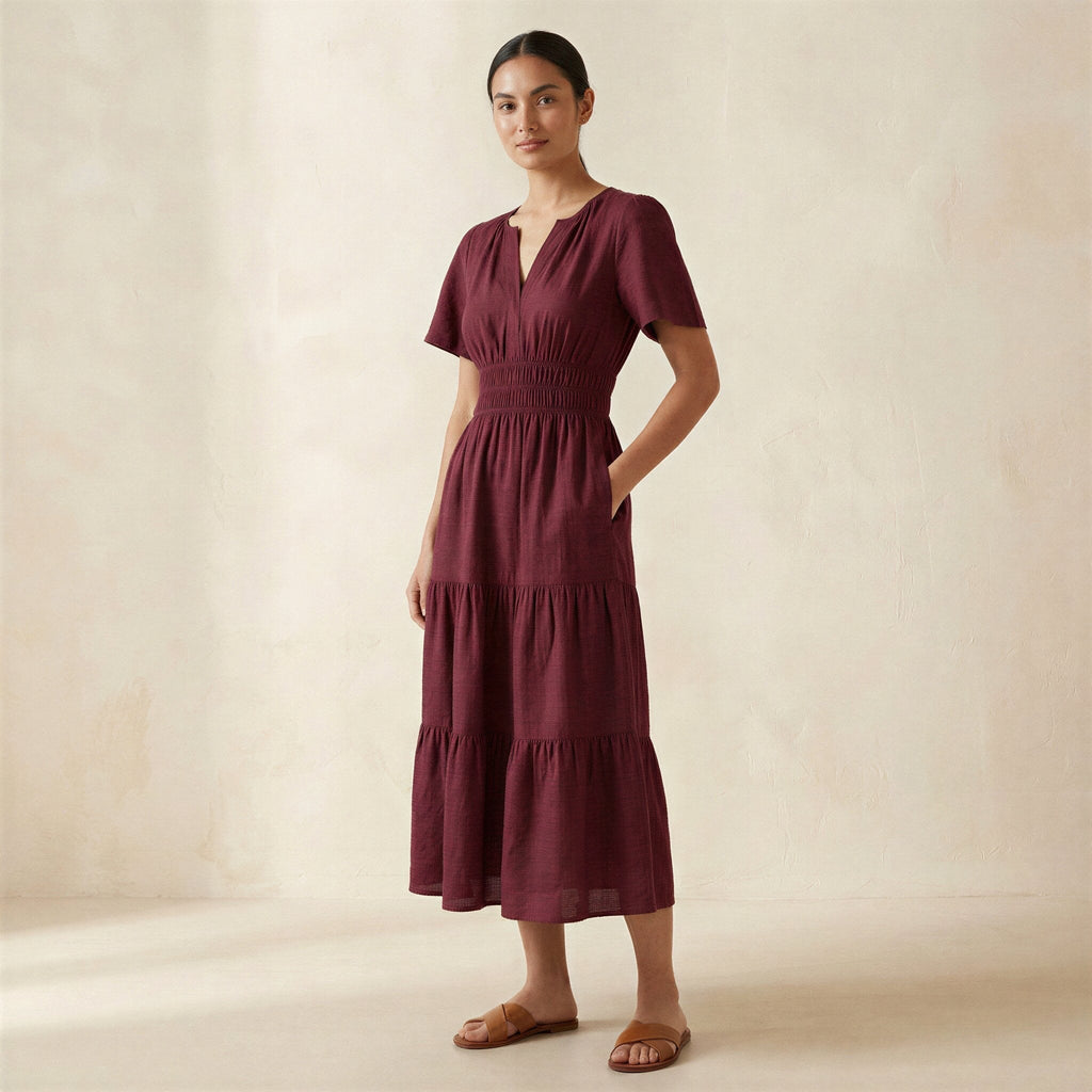 Maroon Handspun Cotton Flutter Sleeve Tie-Back Tiered Midi Dress