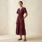 Maroon Handspun Cotton Flutter Sleeve Tie-Back Tiered Midi Dress