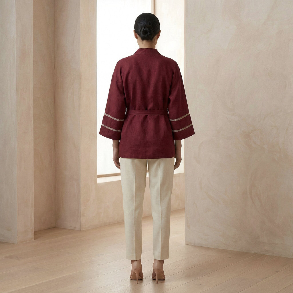 Maroon Handspun Cotton Kyoto Kimono Sleeve Wrap Top