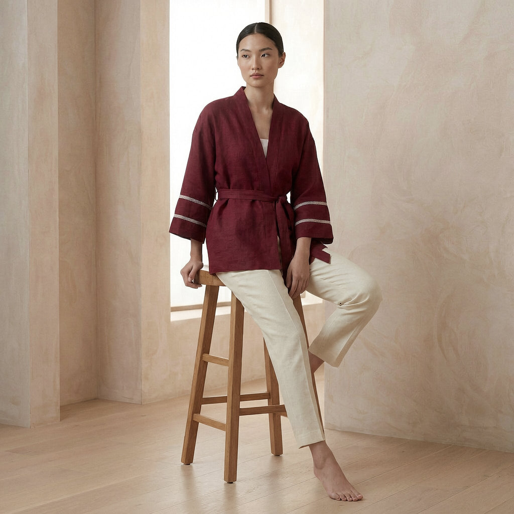 Maroon Handspun Cotton Kyoto Kimono Sleeve Wrap Top
