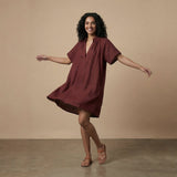 Maroon Handspun Cotton Mandarin Collar A-Line Short Dress