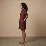 Maroon Handspun Cotton Mandarin Collar A-Line Short Dress