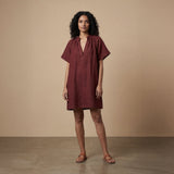 Maroon Handspun Cotton Mandarin Collar A-Line Short Dress