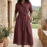 Maroon Handspun Cotton Midi Safari Shirt Dress with Belt