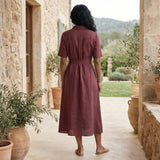 Maroon Handspun Cotton Midi Safari Shirt Dress with Belt
