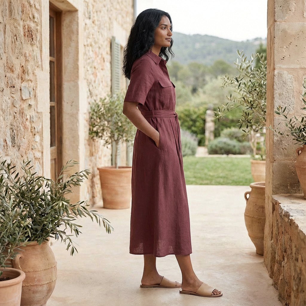 Maroon Handspun Cotton Midi Safari Shirt Dress with Belt
