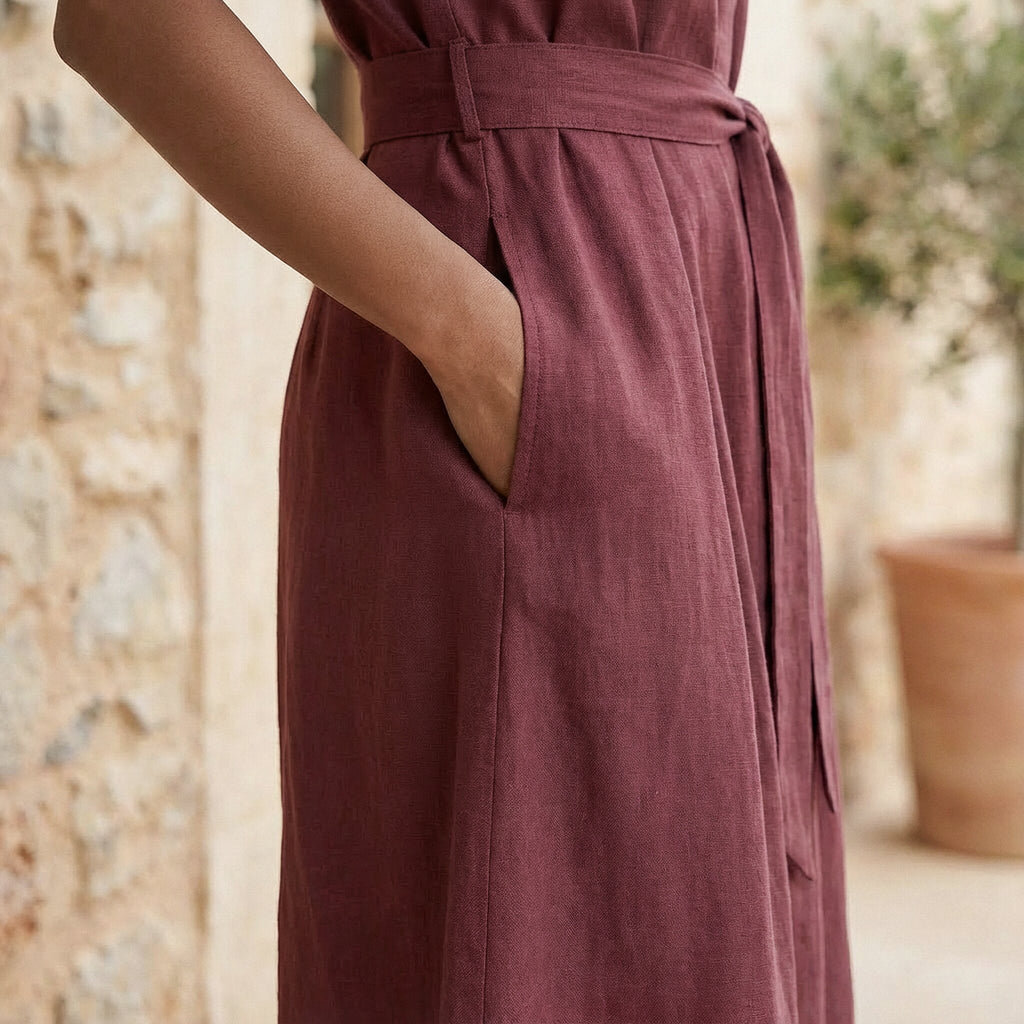 Maroon Handspun Cotton Midi Safari Shirt Dress with Belt
