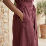 Maroon Handspun Cotton Midi Safari Shirt Dress with Belt
