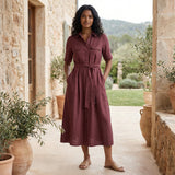 Maroon Handspun Cotton Midi Safari Shirt Dress with Belt