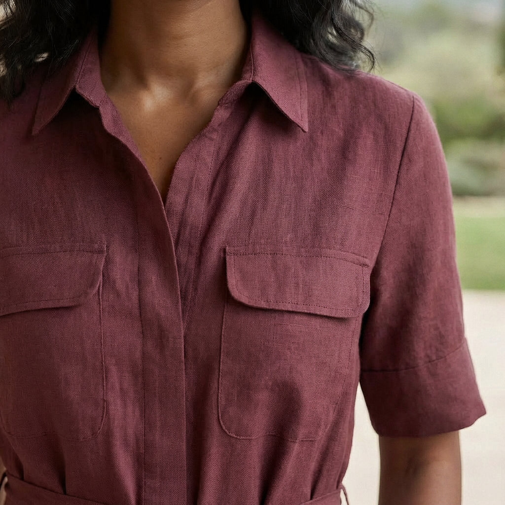 Maroon Handspun Cotton Midi Safari Shirt Dress with Belt