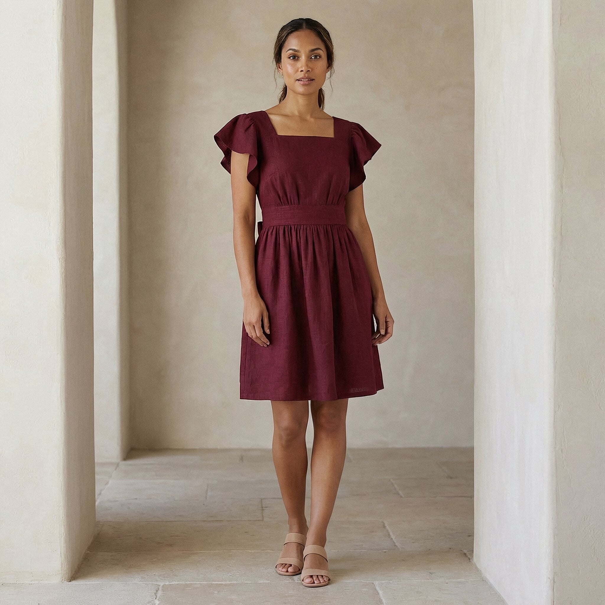 Maroon Handspun Cotton Open-Back Fit and Flare Knee Length Dress
