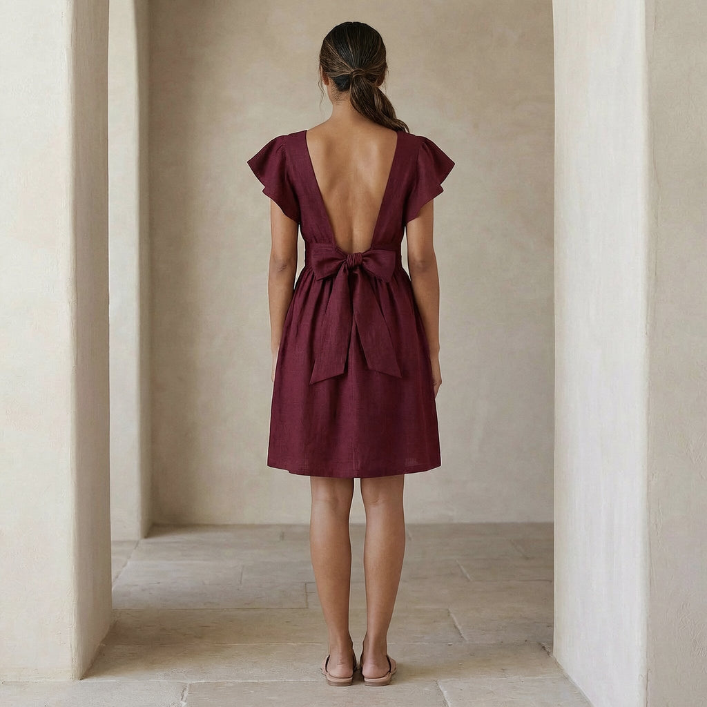 Maroon Handspun Cotton Open-Back Fit and Flare Knee Length Dress