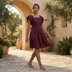 Maroon Handspun Cotton Open-Back Fit and Flare Knee Length Dress