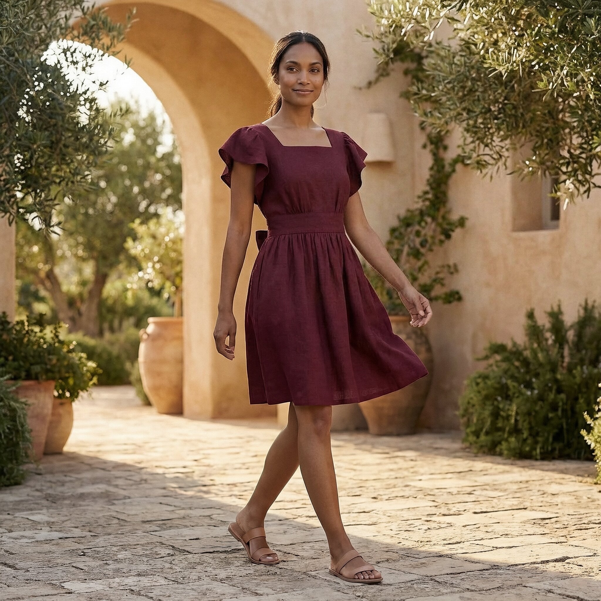 Maroon Handspun Cotton Open-Back Fit and Flare Knee Length Dress
