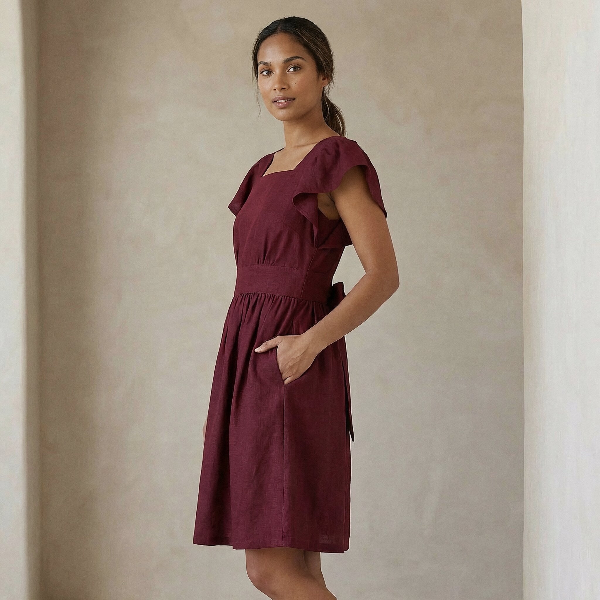 Maroon Handspun Cotton Open-Back Fit and Flare Knee Length Dress