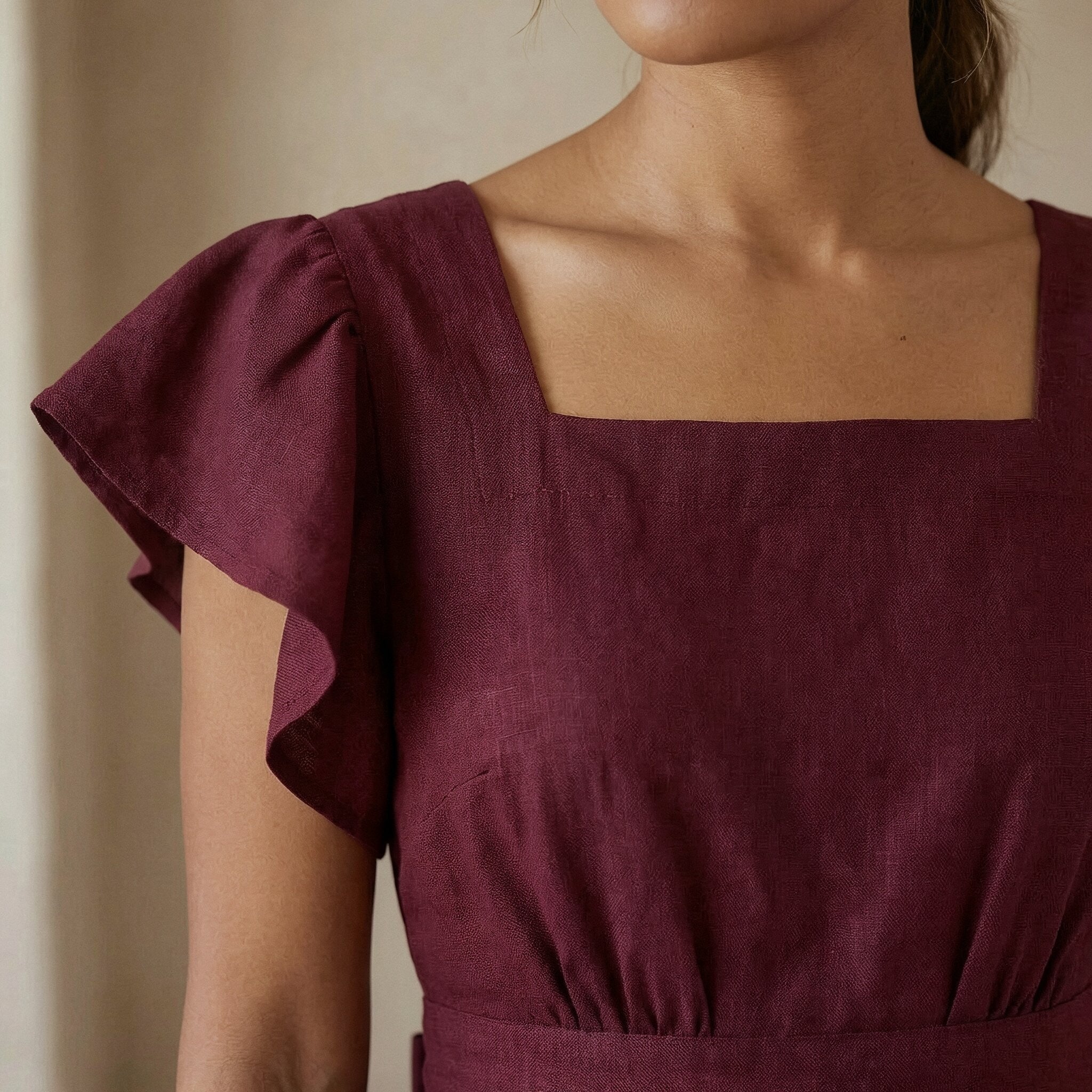 Maroon Handspun Cotton Open-Back Fit and Flare Knee Length Dress