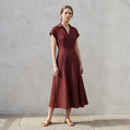 Maroon Handspun Cotton Paneled A-Line Midi Dress
