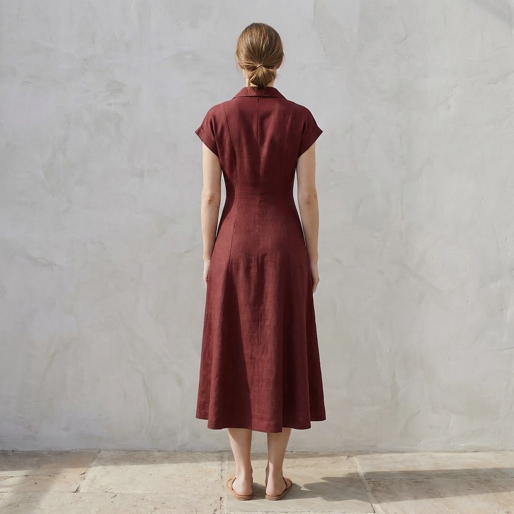 Maroon Handspun Cotton Paneled A-Line Midi Dress