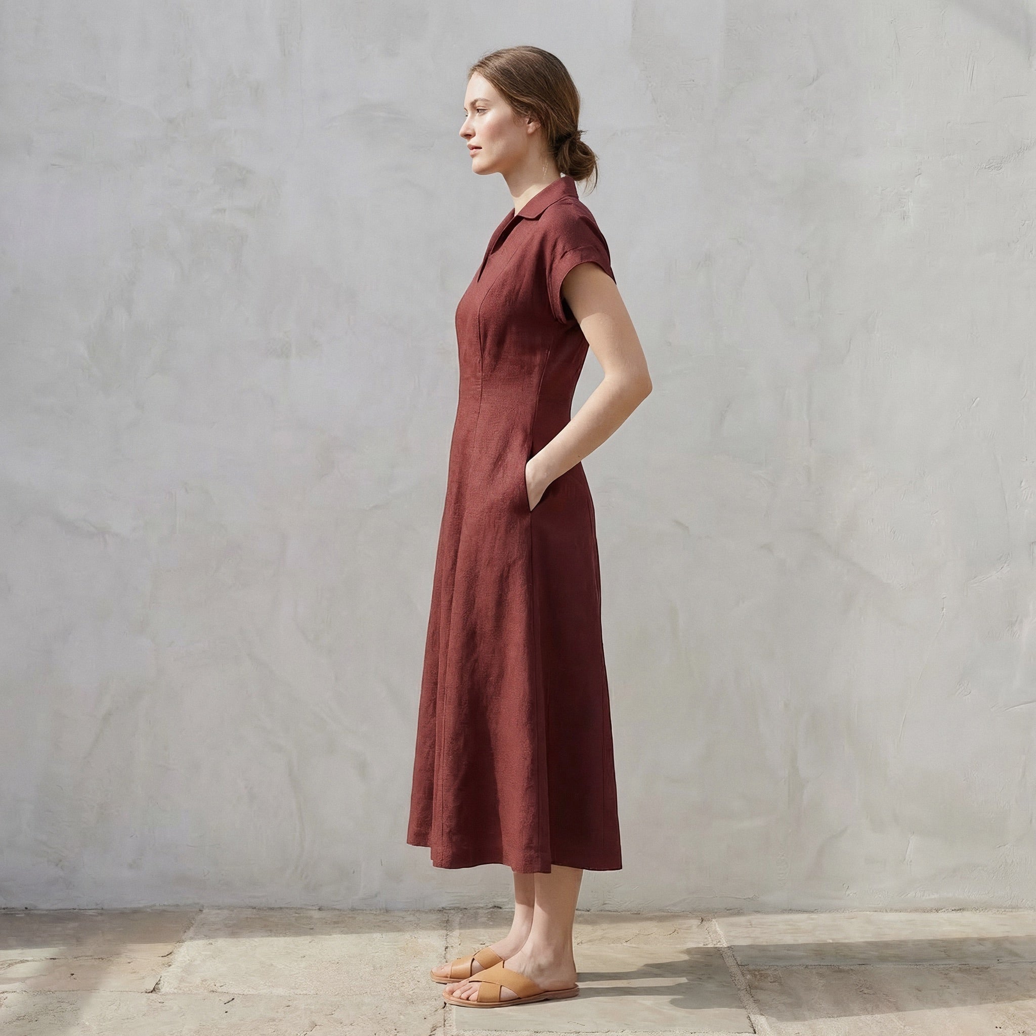 Maroon Handspun Cotton Paneled A-Line Midi Dress