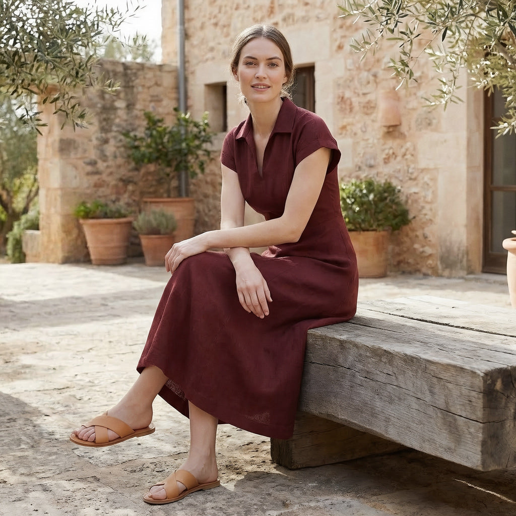 Maroon Handspun Cotton Paneled A-Line Midi Dress