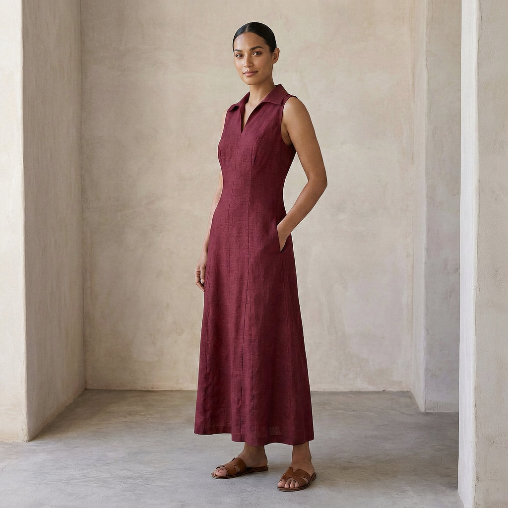 Maroon Handspun Cotton Paneled Sleeveless Maxi Dress