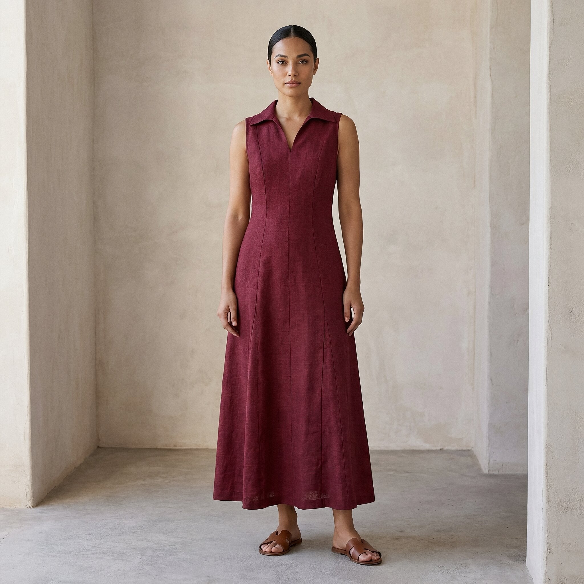 Maroon Handspun Cotton Paneled Sleeveless Maxi Dress