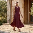 Maroon Handspun Cotton Paneled Sleeveless Maxi Dress