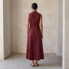 Maroon Handspun Cotton Paneled Sleeveless Maxi Dress