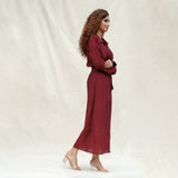 Maroon Handspun Cotton Pleated Button-Down Maxi Dress