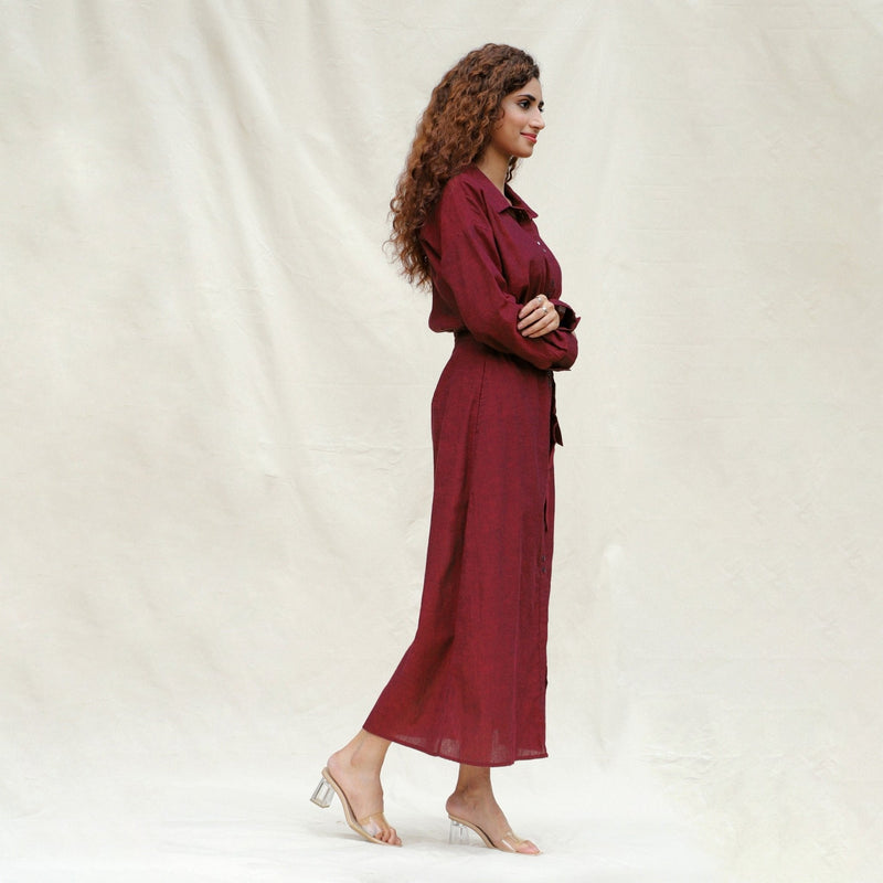 Maroon Handspun Cotton Pleated Button-Down Maxi Dress