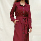 Maroon Handspun Cotton Pleated Button-Down Maxi Dress