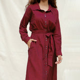 Maroon Handspun Cotton Pleated Button-Down Maxi Dress