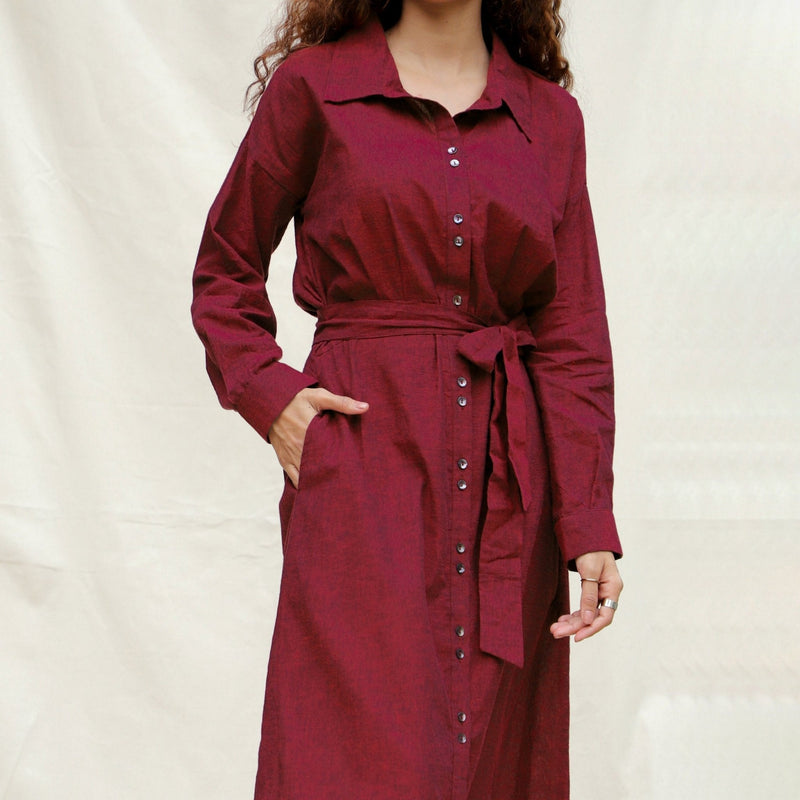Maroon Handspun Cotton Pleated Button-Down Maxi Dress