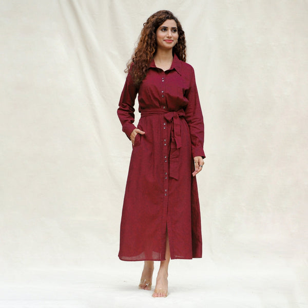 Maroon Handspun Cotton Pleated Button-Down Maxi Dress