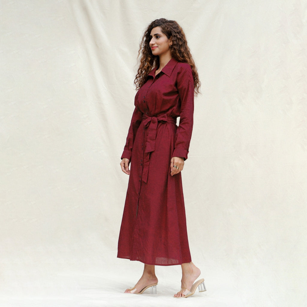 Maroon Handspun Cotton Pleated Button-Down Maxi Dress