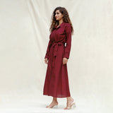 Maroon Handspun Cotton Pleated Button-Down Maxi Dress