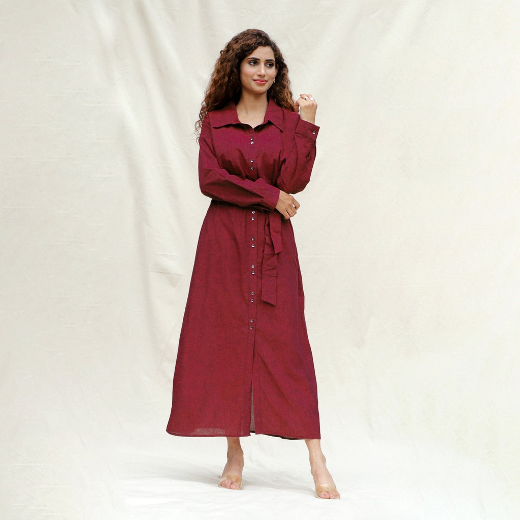 Maroon Handspun Cotton Pleated Button-Down Maxi Dress