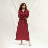 Maroon Handspun Cotton Pleated Button-Down Maxi Dress