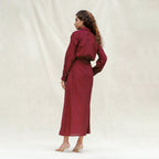 Maroon Handspun Cotton Pleated Button-Down Maxi Dress