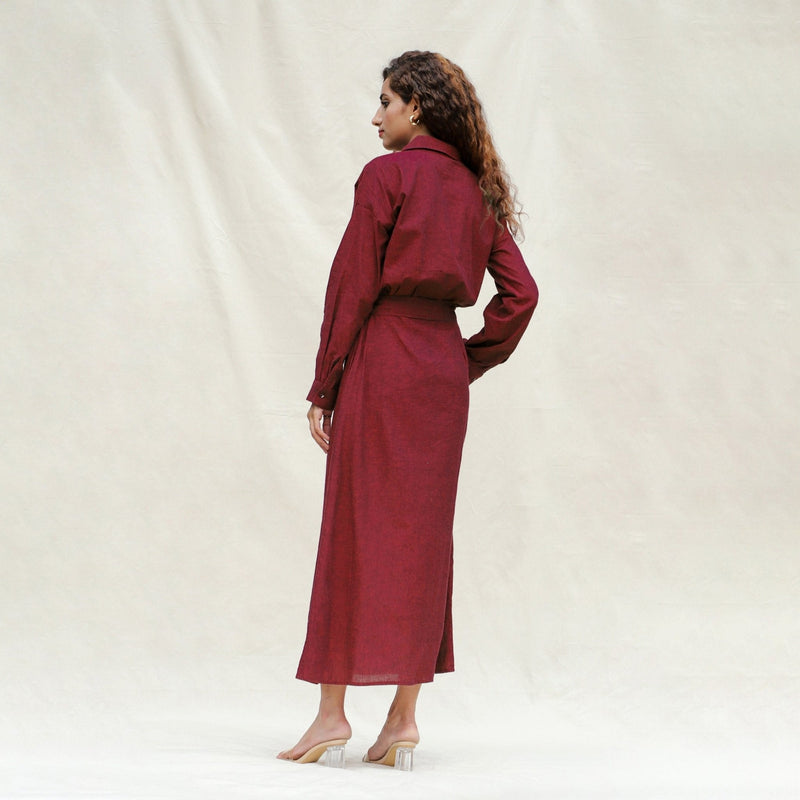 Maroon Handspun Cotton Pleated Button-Down Maxi Dress