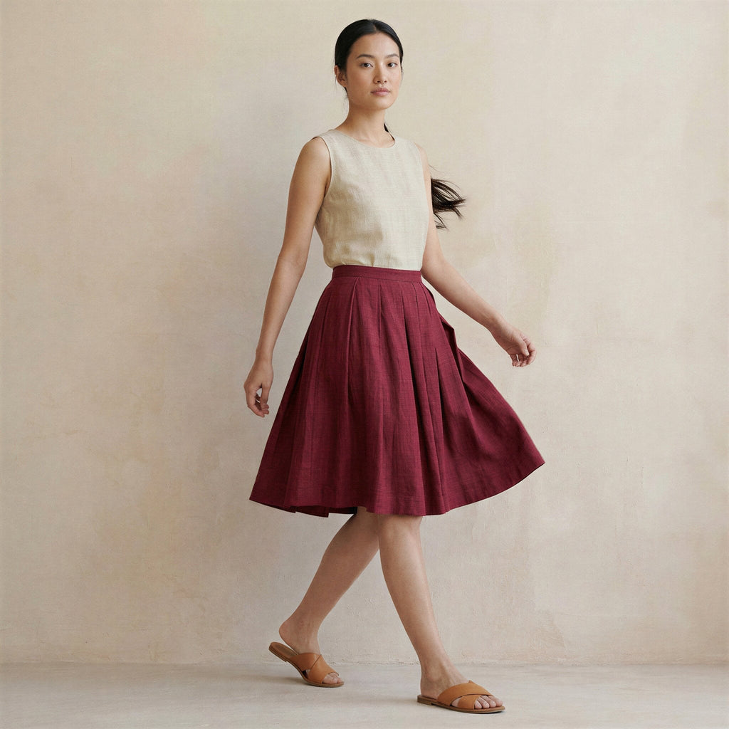 Maroon Handspun Cotton Pleated Knee-Length Skirt
