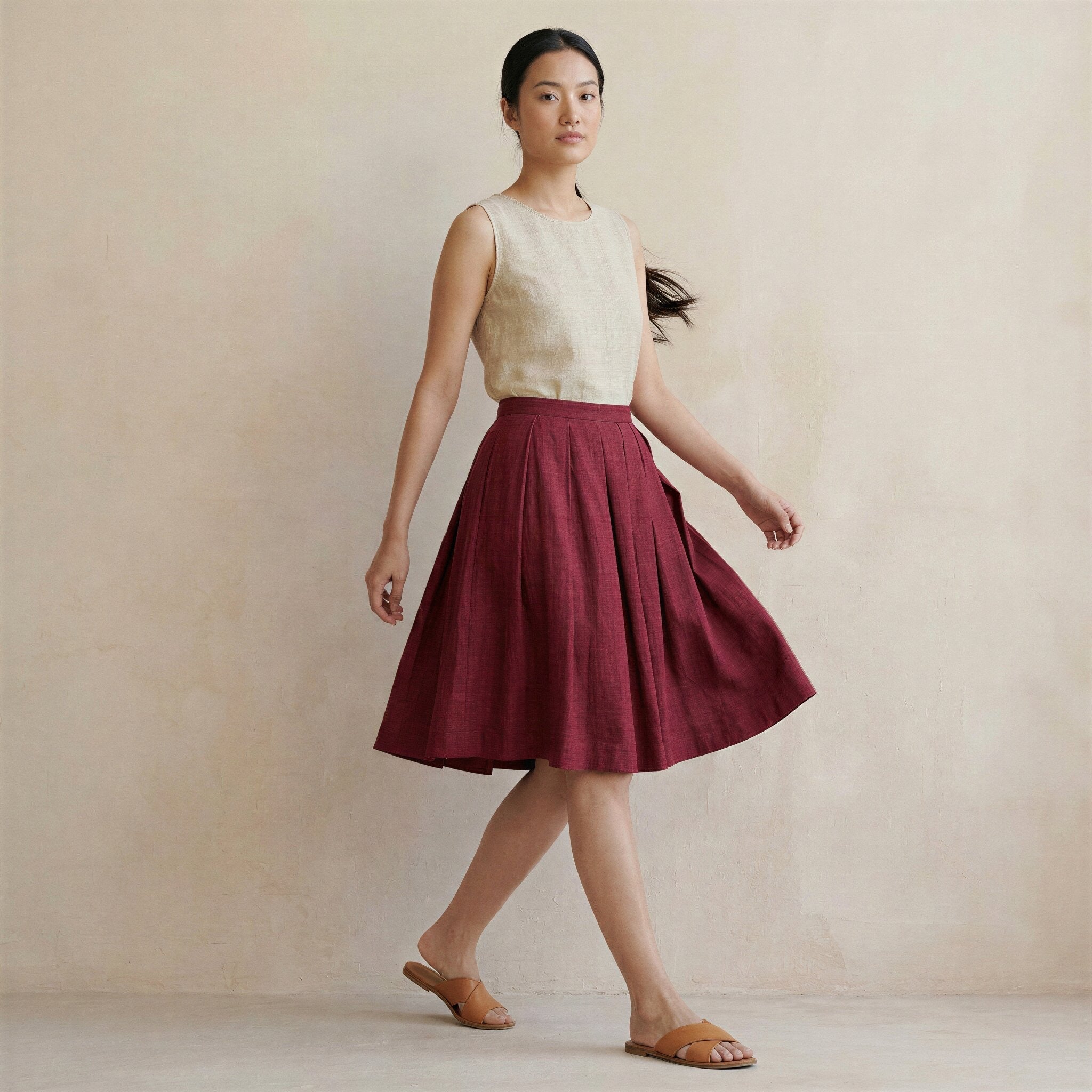 Maroon Handspun Cotton Pleated Knee-Length Skirt