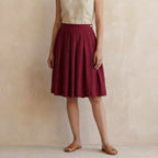 Maroon Handspun Cotton Pleated Knee-Length Skirt