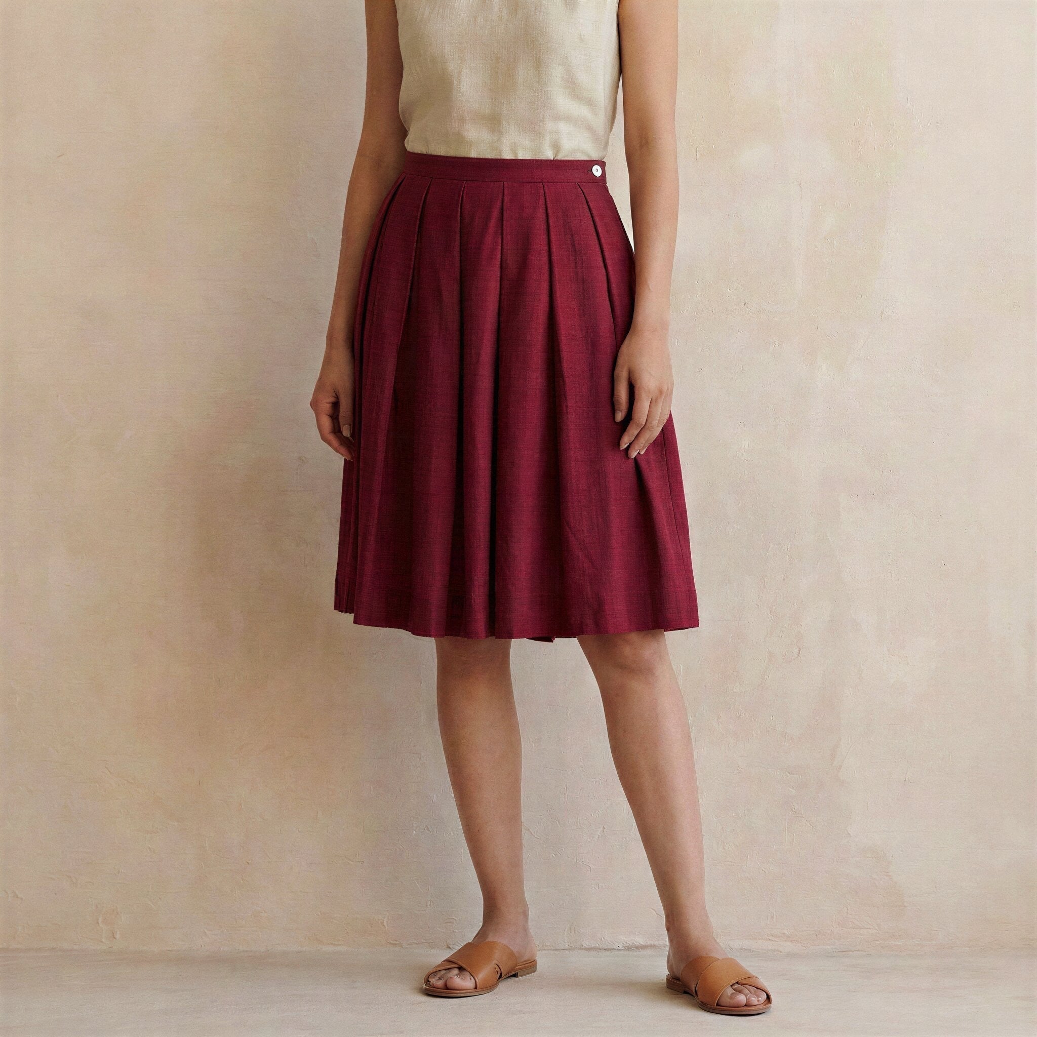 Maroon Handspun Cotton Pleated Knee-Length Skirt