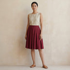 Maroon Handspun Cotton Pleated Knee-Length Skirt
