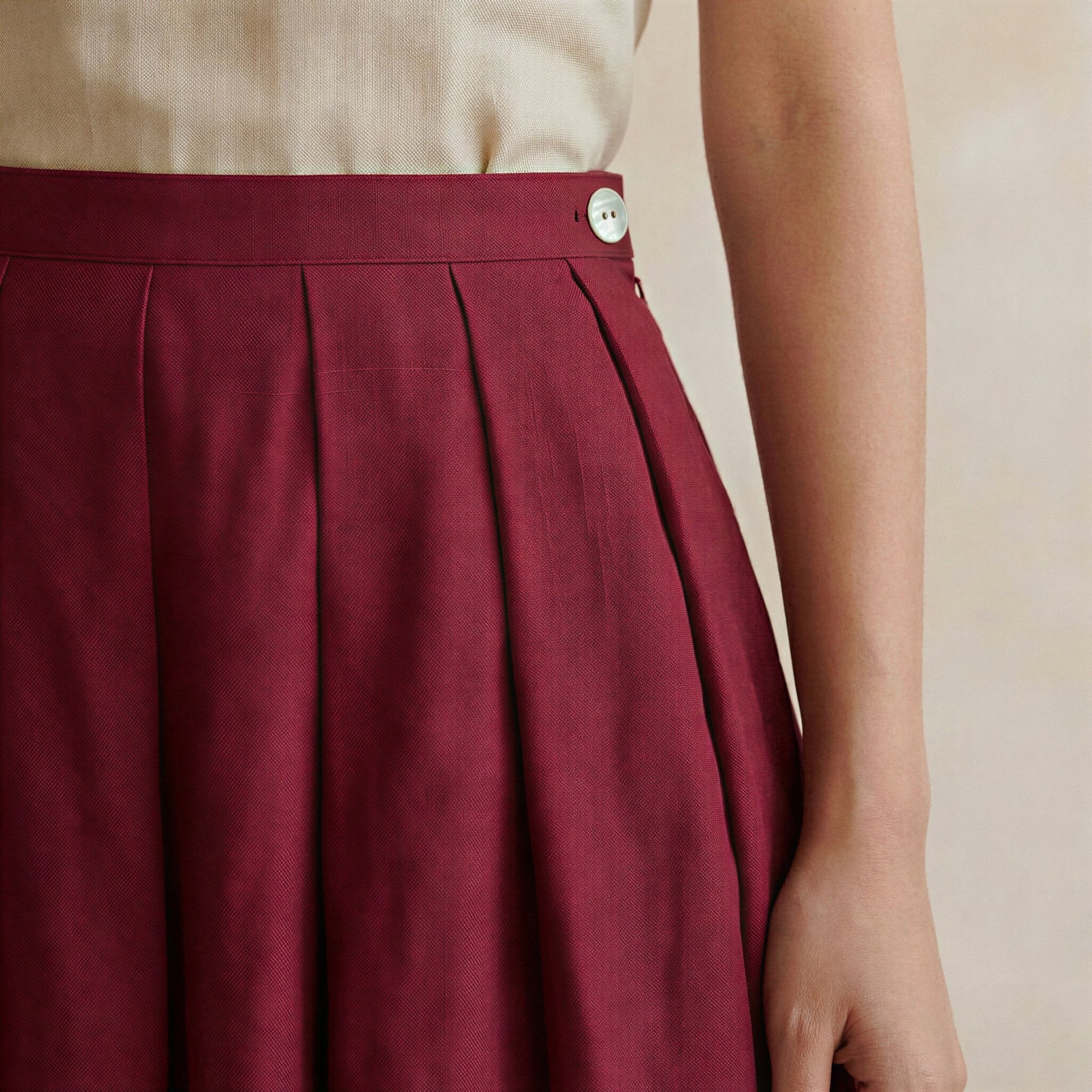 Maroon Handspun Cotton Pleated Knee-Length Skirt