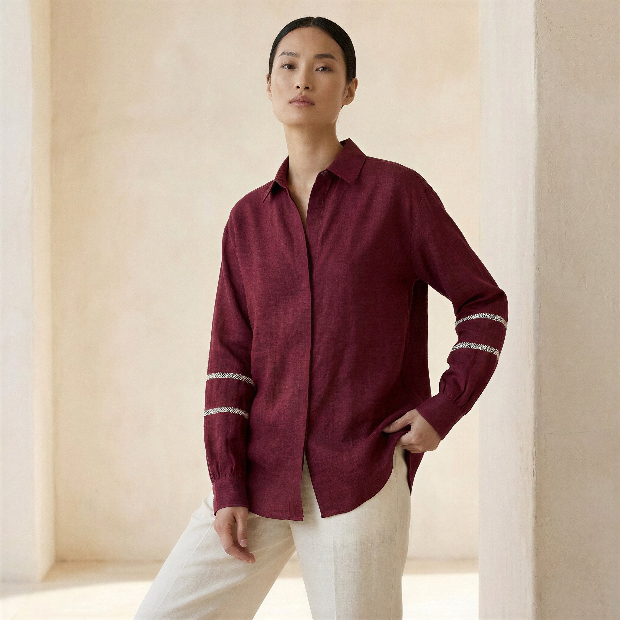 Maroon Handspun Cotton Relaxed Full Sleeve Button-Down Shirt